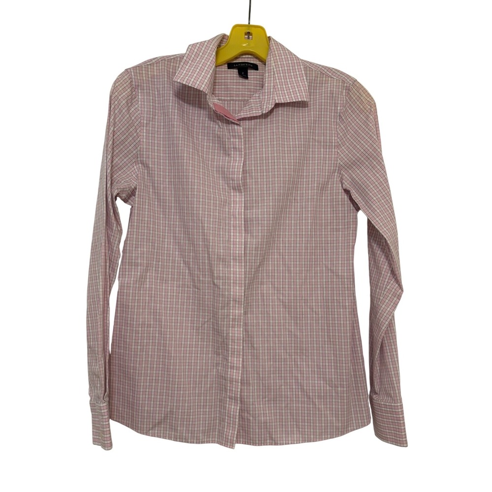 Lands End Women's Pink Plaid Button Down Collared Shirt Size 2 Cotton Business